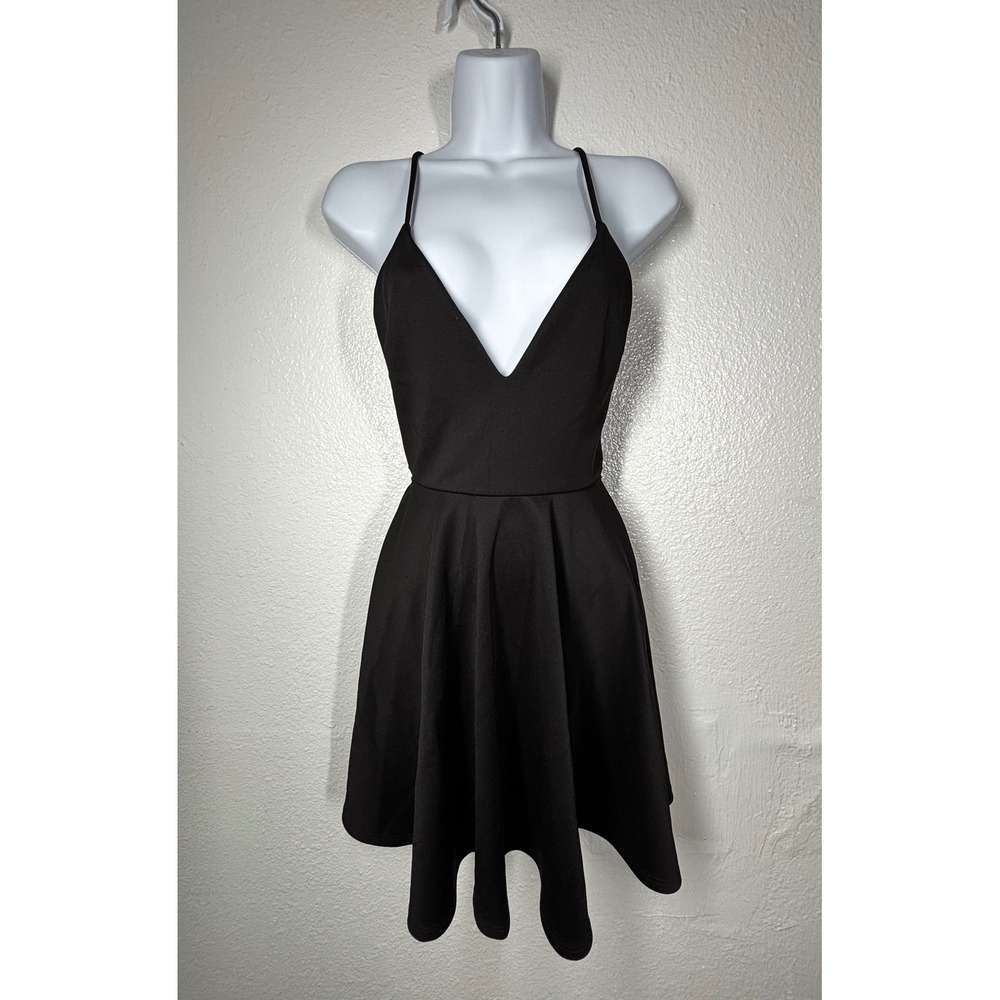 Vintage Y2K Goth Black Lace Open Back Flare Skater Mini Dress Small Deep V EUC
